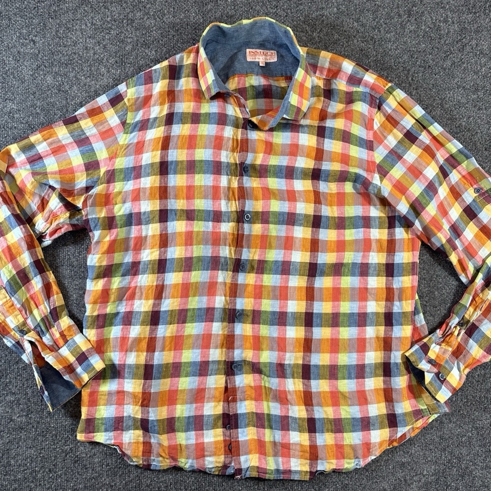 INSERCH Mens Long Sleeve New Multi Color Plaid Shirt 100% Linen Size 2XL